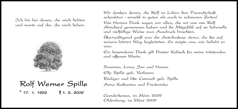  Traueranzeige für Rolf  Werner Spille vom 14.03.2009 aus Nordwest-Zeitung