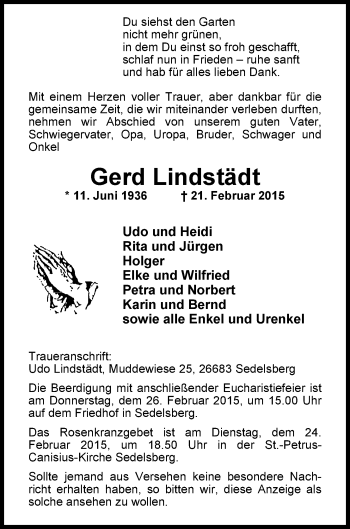 Traueranzeige von Gerd Lindstädt von Nordwest-Zeitung