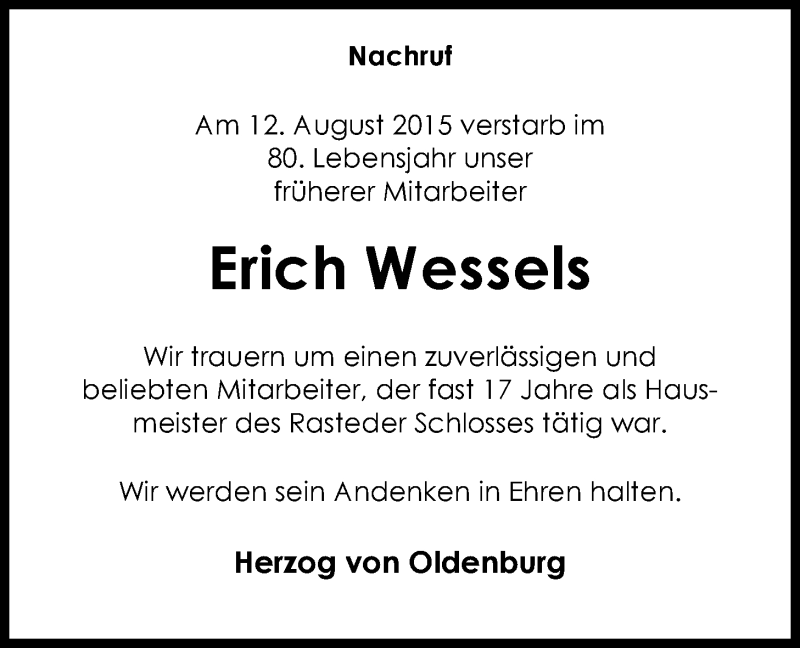  Traueranzeige für Erich Wessels vom 18.08.2015 aus Nordwest-Zeitung