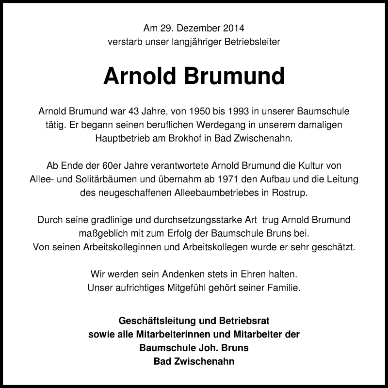  Traueranzeige für Arnold Brumund vom 02.01.2015 aus Nordwest-Zeitung