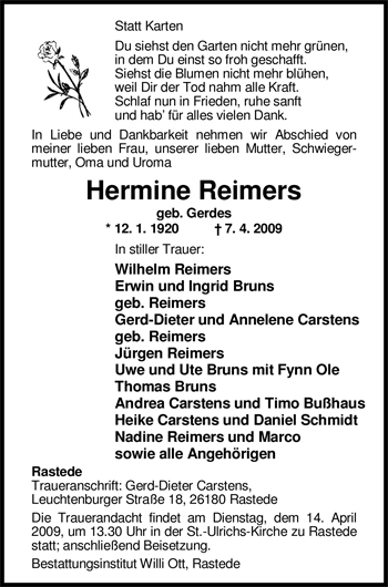 Traueranzeige von Hermine Reimers von Nordwest-Zeitung