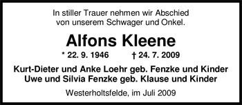 Traueranzeige von Alfons Kleene von Nordwest-Zeitung