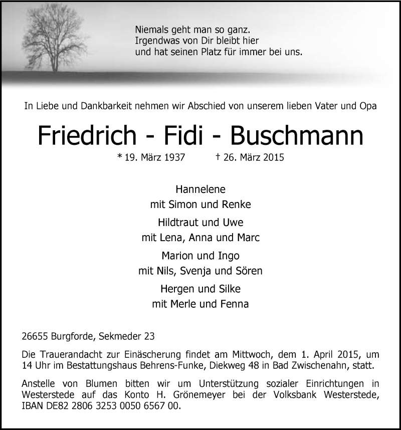  Traueranzeige für Friedrich Buschmann vom 30.03.2015 aus Nordwest-Zeitung
