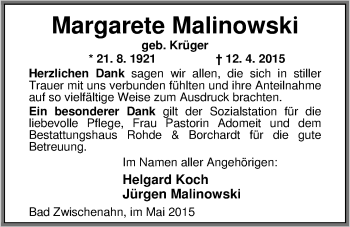 Traueranzeige von Margarete Malinowski von Nordwest-Zeitung