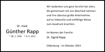 Traueranzeige von Günther Rapp von Nordwest-Zeitung