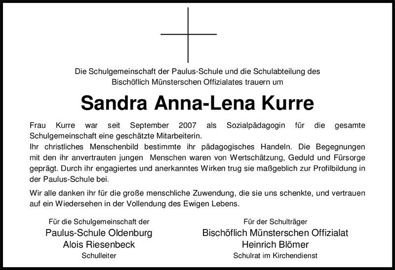  Traueranzeige für Sandra Anna-Lena Kurre vom 29.09.2009 aus Nordwest-Zeitung
