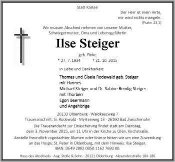 Traueranzeige von Ilse Steiger von Nordwest-Zeitung