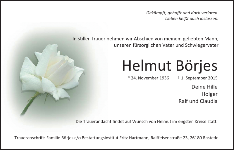  Traueranzeige für Helmut Börjes vom 04.09.2015 aus Nordwest-Zeitung