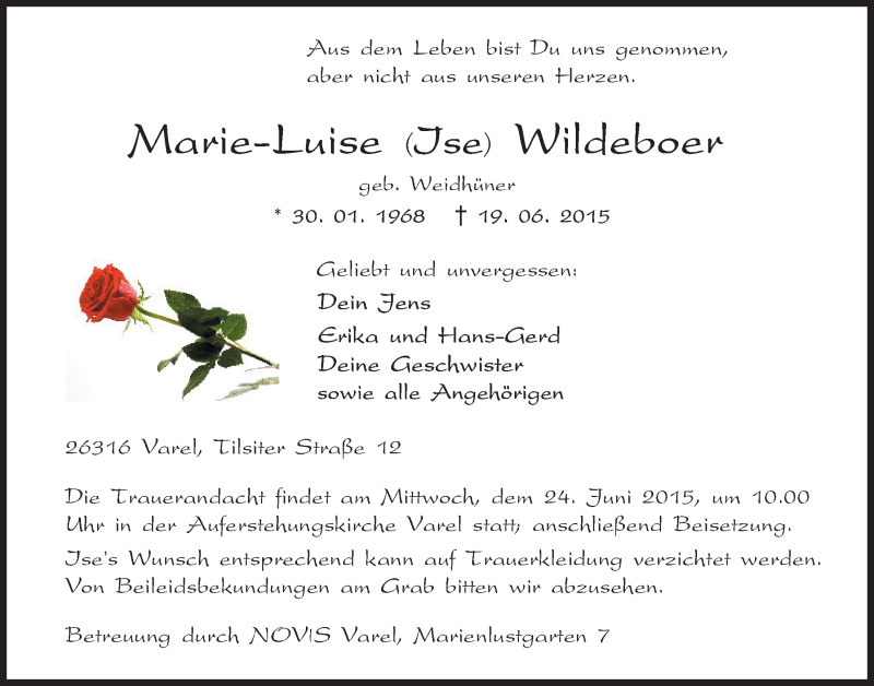  Traueranzeige für Marie-Luise Wildeboer vom 22.06.2015 aus Nordwest-Zeitung
