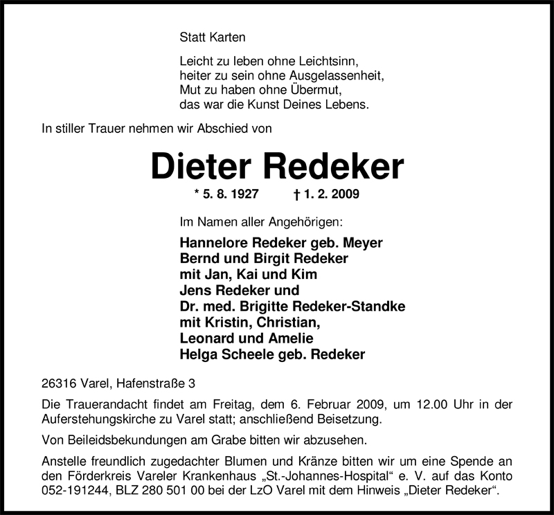  Traueranzeige für Dieter Redeker vom 03.02.2009 aus Nordwest-Zeitung