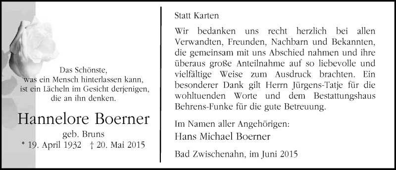  Traueranzeige für Hannelore Boerner vom 06.06.2015 aus Nordwest-Zeitung