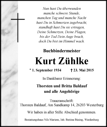Traueranzeige von Kurt Zühlke von Nordwest-Zeitung