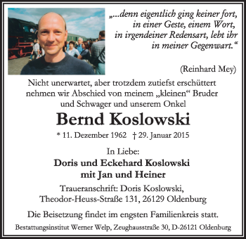 Traueranzeige von Bernd Koslowski von Nordwest-Zeitung