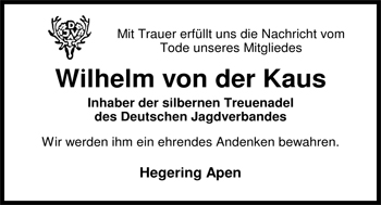 Traueranzeige von Wilhelm von der Kaus von Nordwest-Zeitung