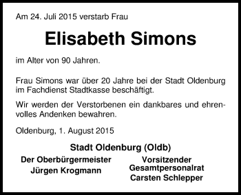 Traueranzeige von Elisabeth Simons von Nordwest-Zeitung