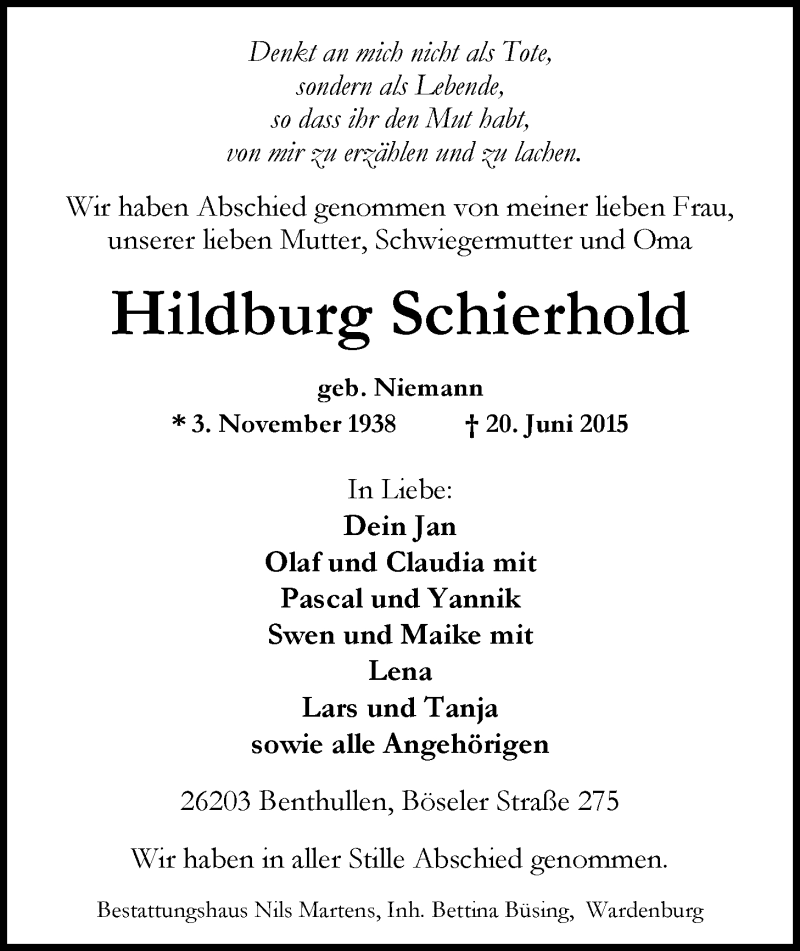  Traueranzeige für Hildburg Schierhold vom 27.06.2015 aus Nordwest-Zeitung