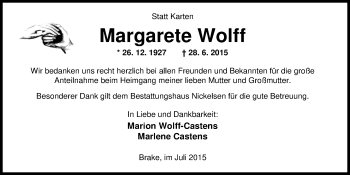 Traueranzeige von Margarete Wolff von Nordwest-Zeitung