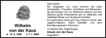 Traueranzeige von Wilhelm von der Kaus von Nordwest-Zeitung