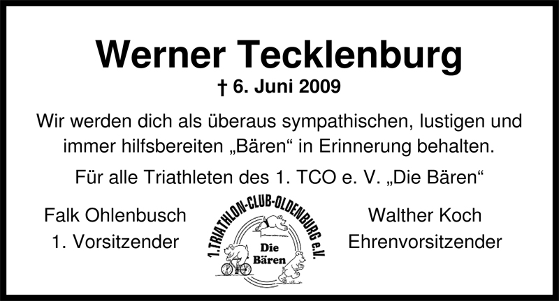  Traueranzeige für Werner Tecklenburg vom 11.06.2009 aus Nordwest-Zeitung