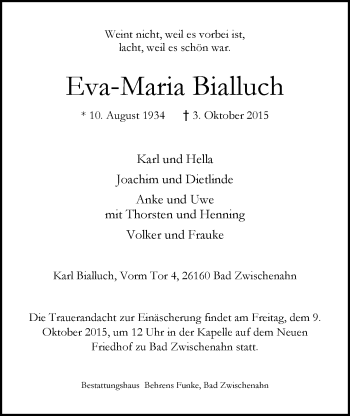 Traueranzeige von Eva-Maria Bialluch von Nordwest-Zeitung