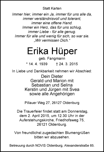 Traueranzeige von Erika Hüper von Nordwest-Zeitung