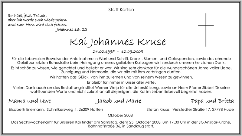  Traueranzeige für Kai Johannes Kruse vom 24.10.2008 aus Nordwest-Zeitung