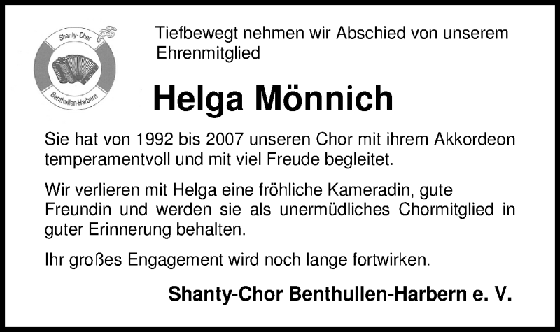  Traueranzeige für Helga Mönnich vom 25.02.2015 aus Nordwest-Zeitung