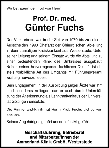 Traueranzeige von Günter Fuchs von Nordwest-Zeitung