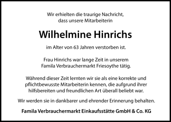 Traueranzeige von Wilhelmine Hinrichs von Nordwest-Zeitung