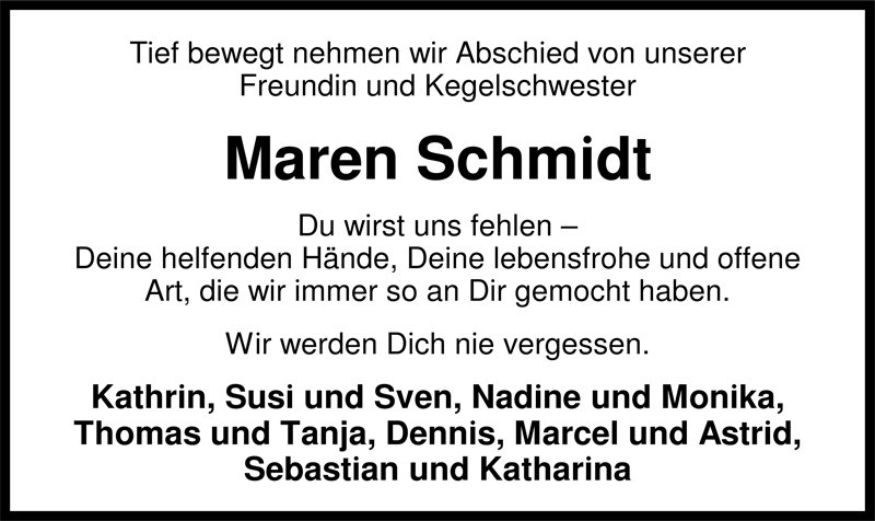  Traueranzeige für Maren Schmidt vom 31.07.2009 aus Nordwest-Zeitung