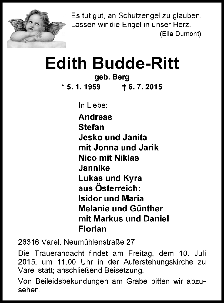  Traueranzeige für Edith Budde-Ritt vom 08.07.2015 aus Nordwest-Zeitung