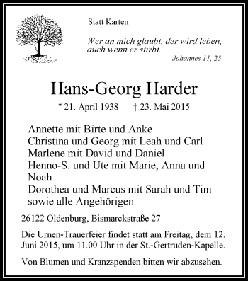 Traueranzeige von Hans-Georg Harder von Nordwest-Zeitung