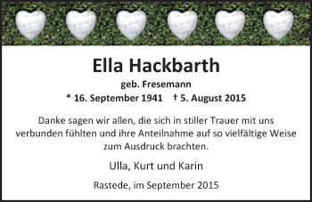 Traueranzeige von Ella Hackbarth von Nordwest-Zeitung