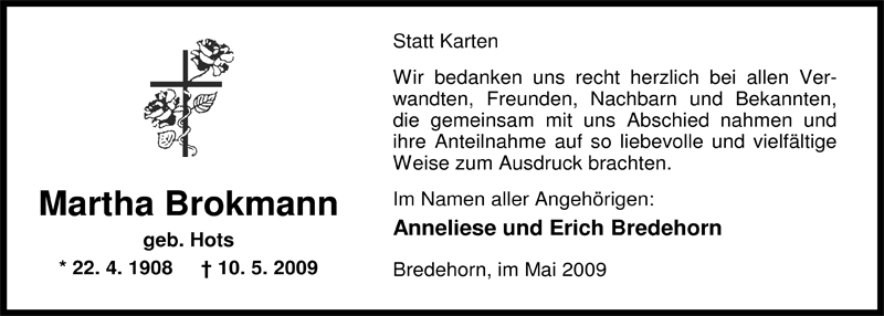  Traueranzeige für Martha Brokmann vom 10.06.2009 aus Nordwest-Zeitung