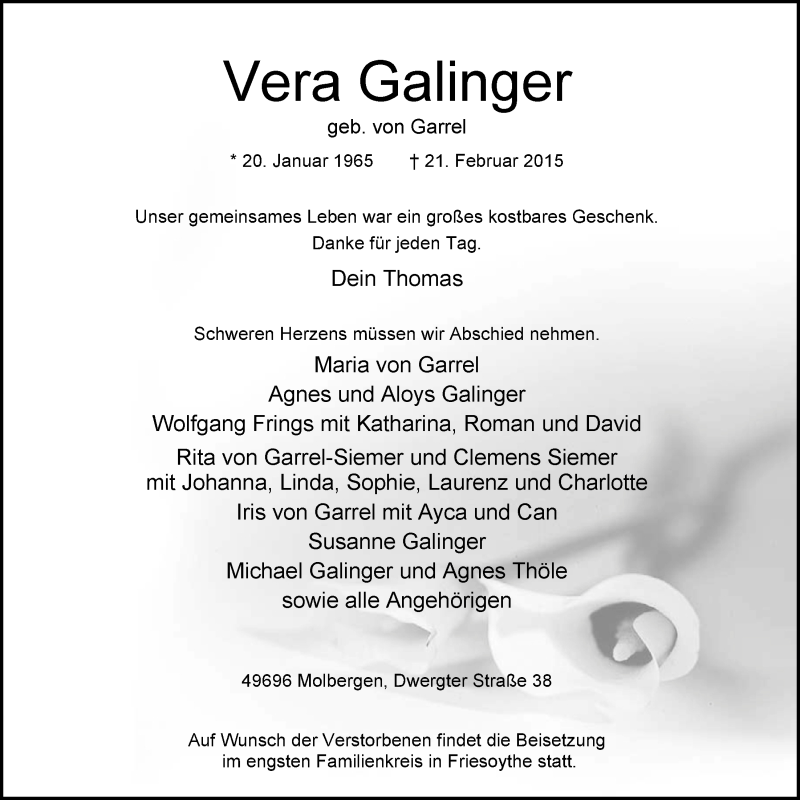  Traueranzeige für Vera Galinger vom 24.02.2015 aus Nordwest-Zeitung