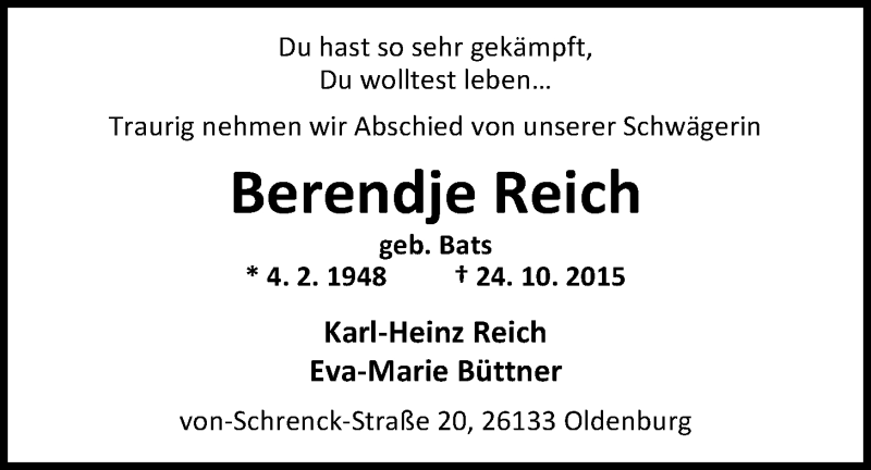  Traueranzeige für Berendje Reich vom 29.10.2015 aus Nordwest-Zeitung