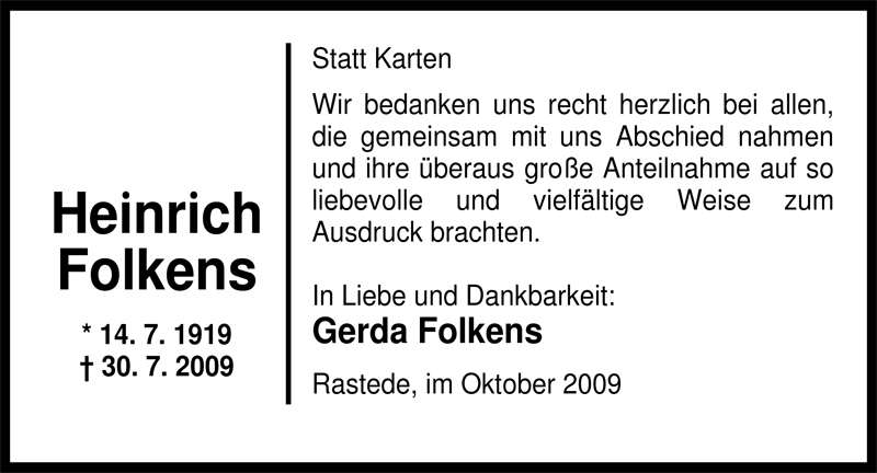 Traueranzeige für Heinrich Folkens vom 10.10.2009 aus Nordwest-Zeitung