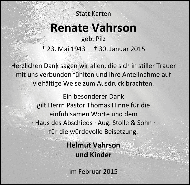  Traueranzeige für Renate Vahrson vom 28.02.2015 aus Nordwest-Zeitung