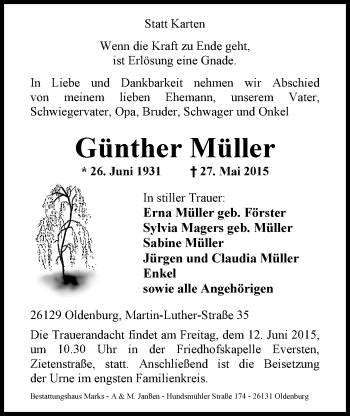 Traueranzeige von Günther Müller von Nordwest-Zeitung