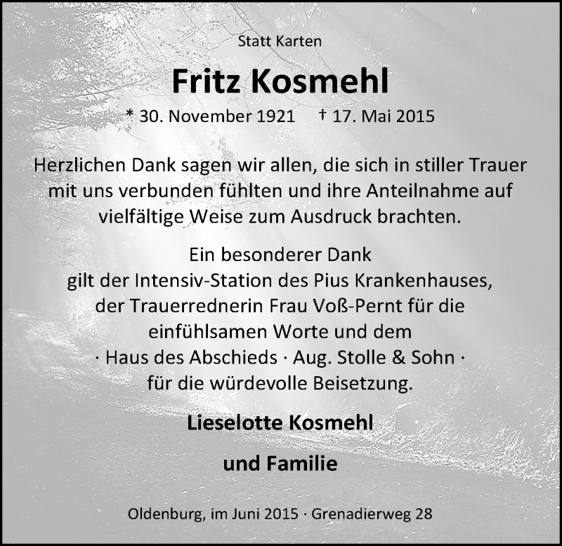  Traueranzeige für Fritz Kosmehl vom 13.06.2015 aus Nordwest-Zeitung
