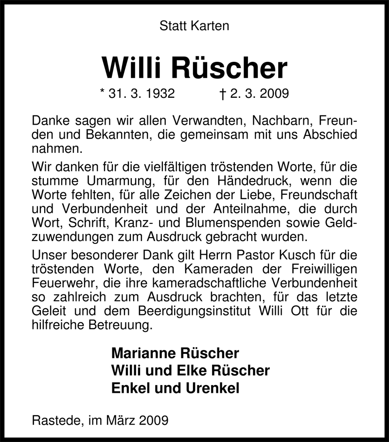  Traueranzeige für Willi Rüscher vom 30.03.2009 aus Nordwest-Zeitung