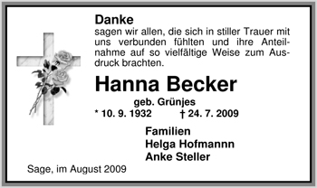 Traueranzeige von Hanna Becker von Nordwest-Zeitung