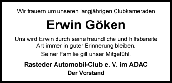 Traueranzeige von Erwin Göken von Nordwest-Zeitung