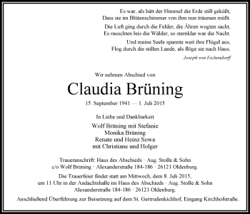 Traueranzeige von Claudia Brüning von Nordwest-Zeitung