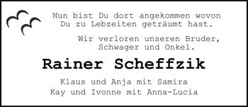 Traueranzeige von Rainer Scheffzik von Nordwest-Zeitung