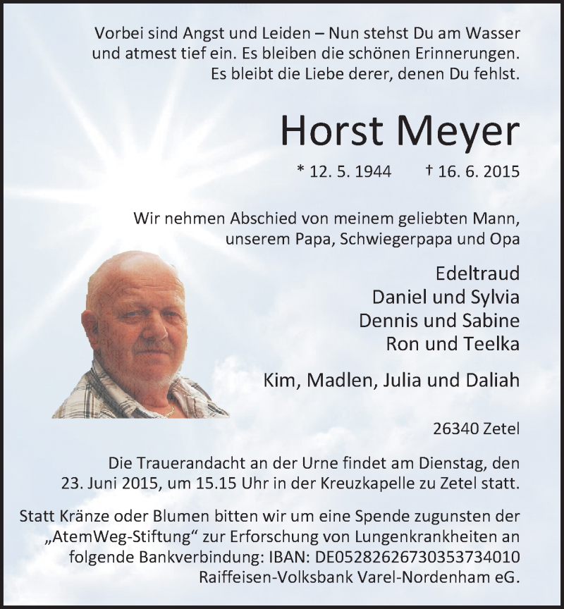  Traueranzeige für Horst Meyer vom 19.06.2015 aus Nordwest-Zeitung