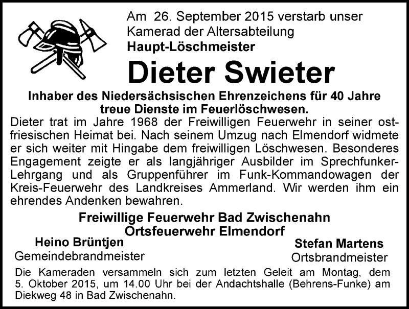  Traueranzeige für Dieter Swieter vom 02.10.2015 aus Nordwest-Zeitung