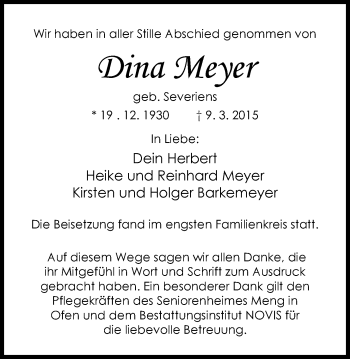 Traueranzeige von Dina Meyer von Nordwest-Zeitung