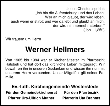 Traueranzeige von Werner Hellmers von Nordwest-Zeitung