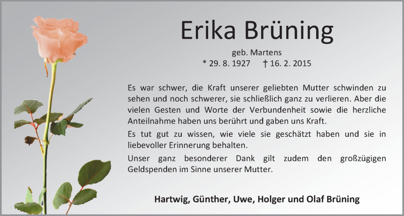  Traueranzeige für Erika Brüning vom 20.03.2015 aus Nordwest-Zeitung